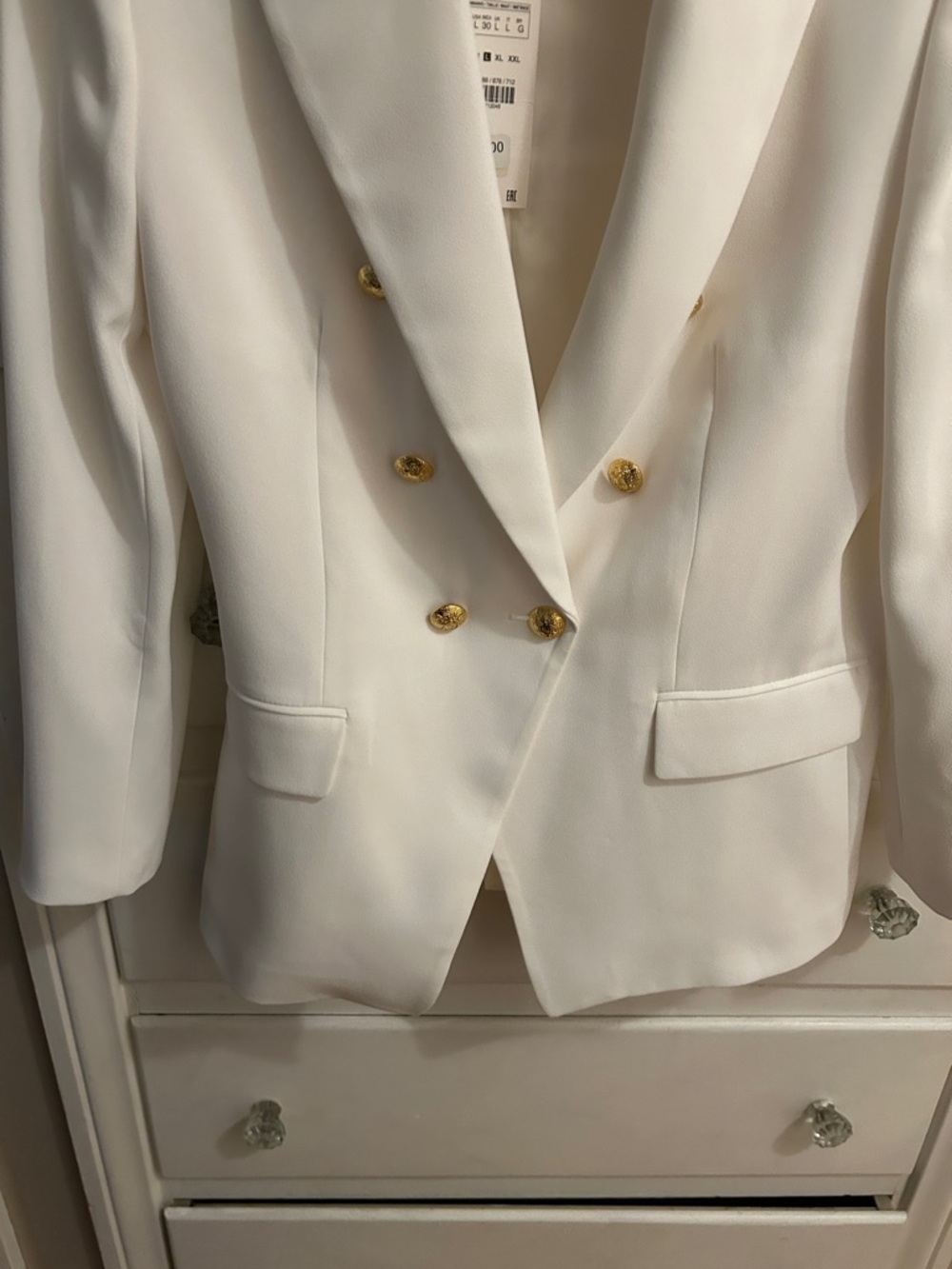 NWT. ZARA  White Double-Breasted Blazer with Gold Buttons, size Large